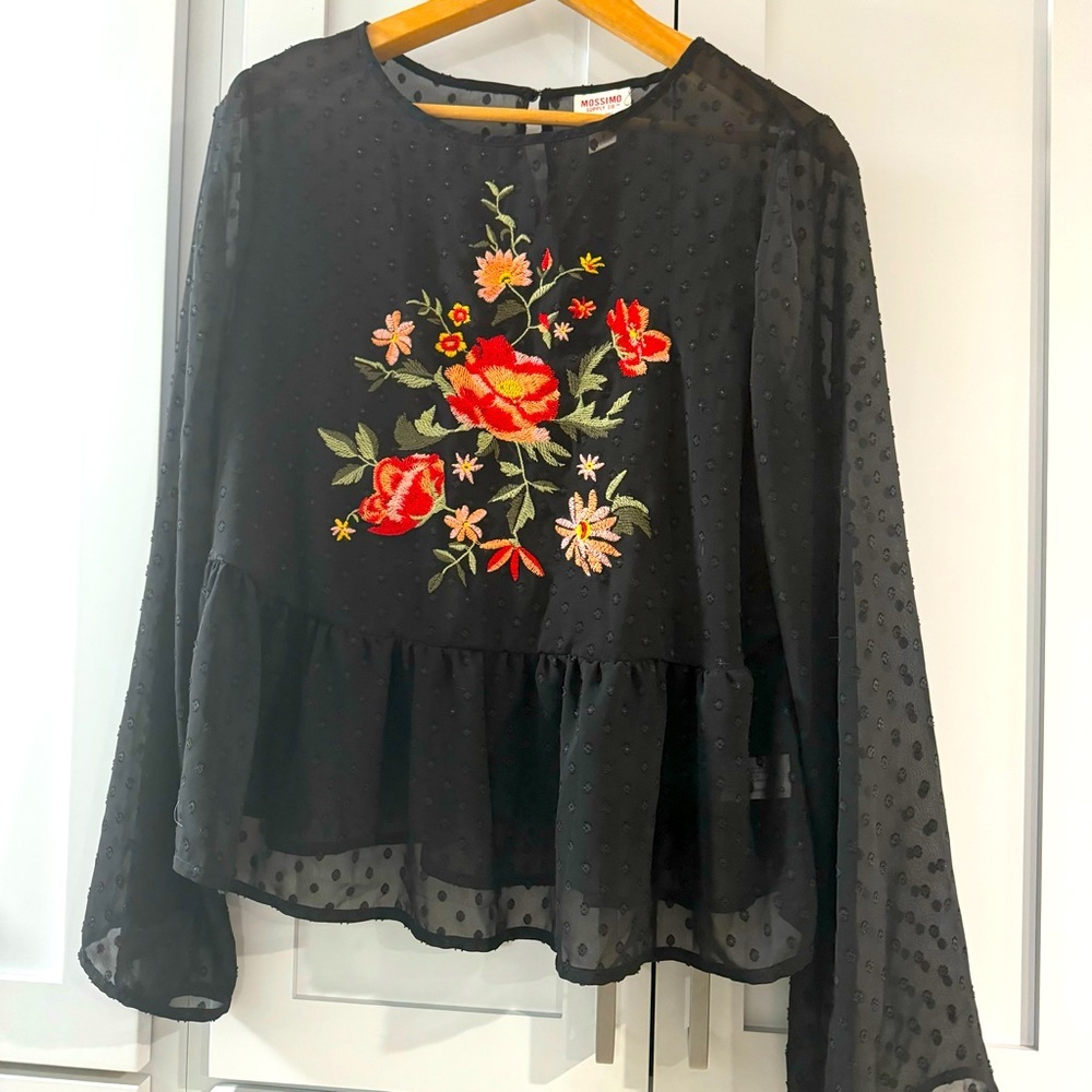 Sheer Black Peplum Blouse w/ Colorful Rose Floral‎ Embroidery Bell Sleeves small